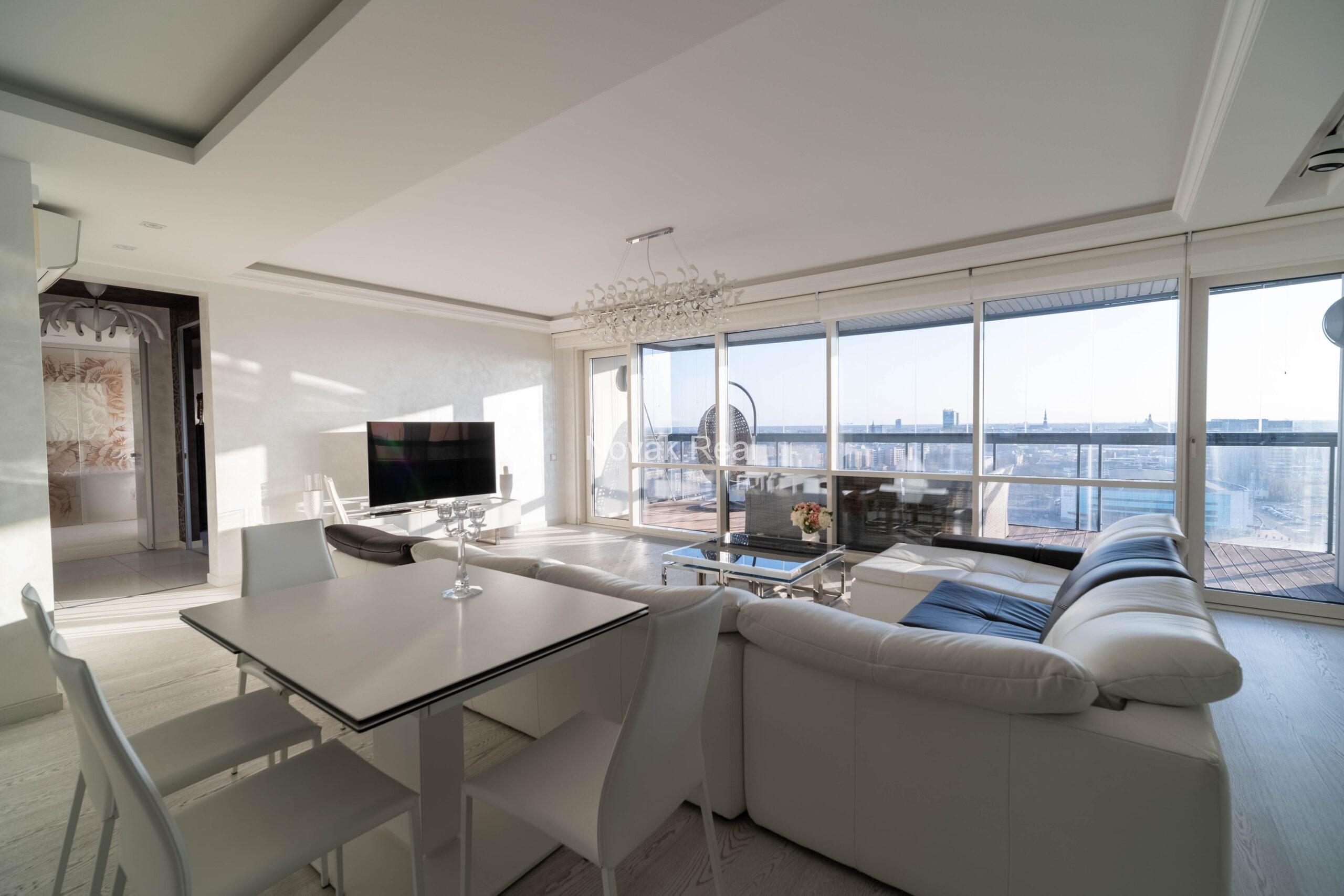 In the center of Riga, in the new modern project “Skanstes virsotnes” a designer sunny apartment is for rent