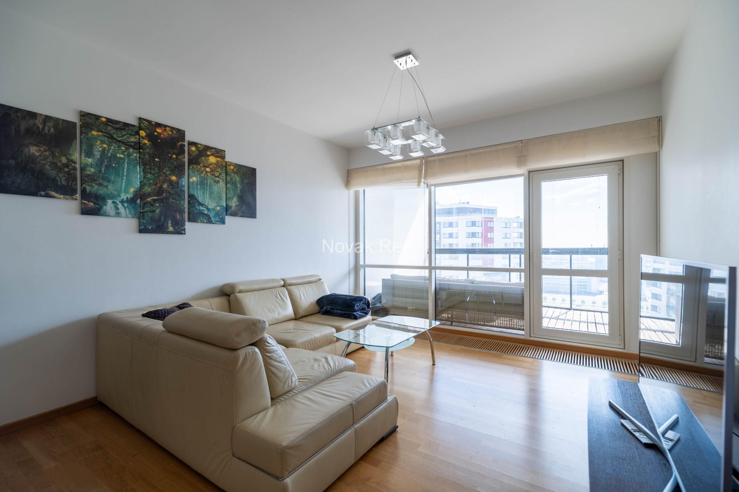 A 3-room apartment with excellent views of the city is for rent on the 21st floor of the “Skanstes Virsotnes” project