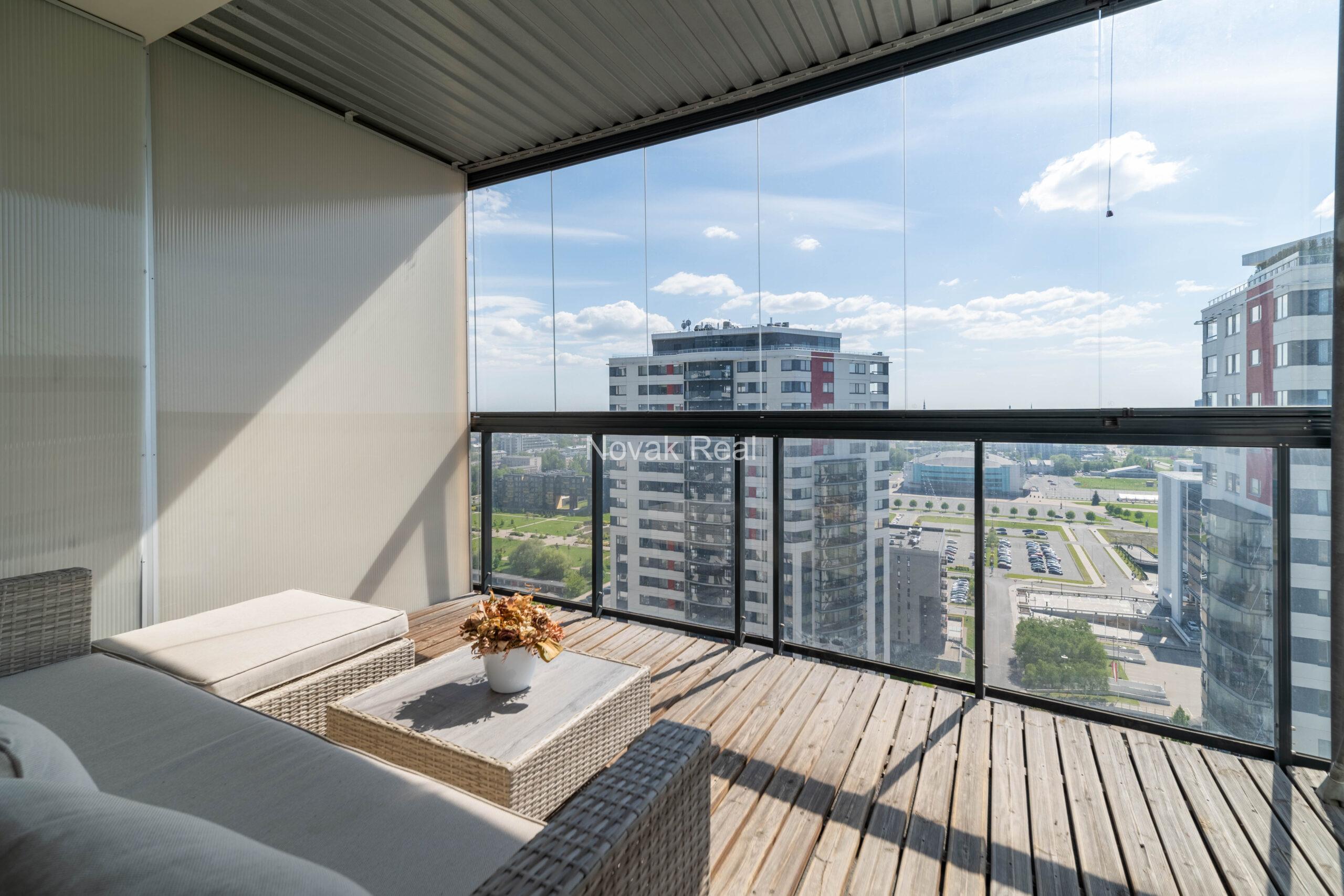 A 3-room apartment with excellent views of the city is for rent on the 21st floor of the “Skanstes Virsotnes” project