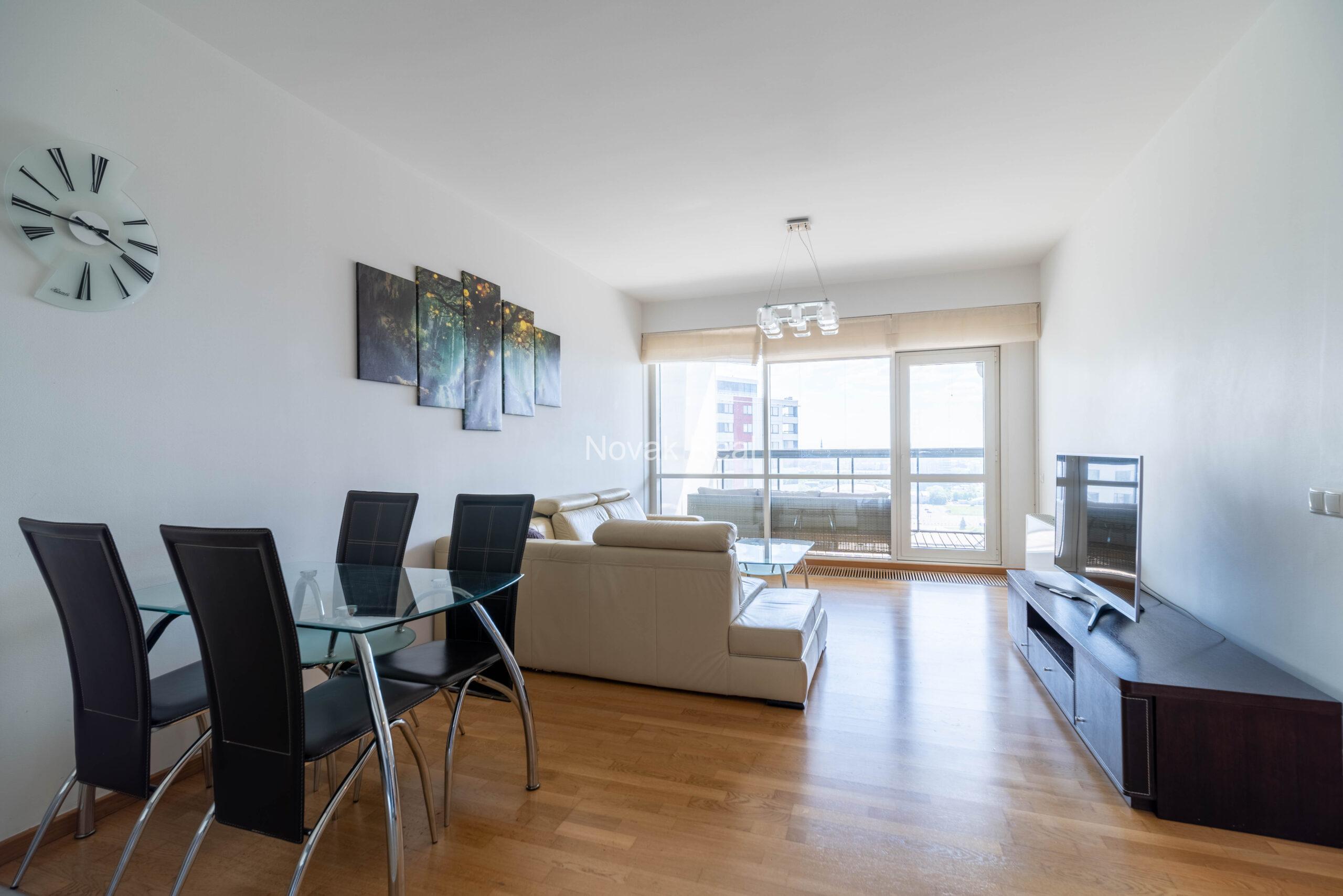 A 3-room apartment with excellent views of the city is for rent on the 21st floor of the “Skanstes Virsotnes” project