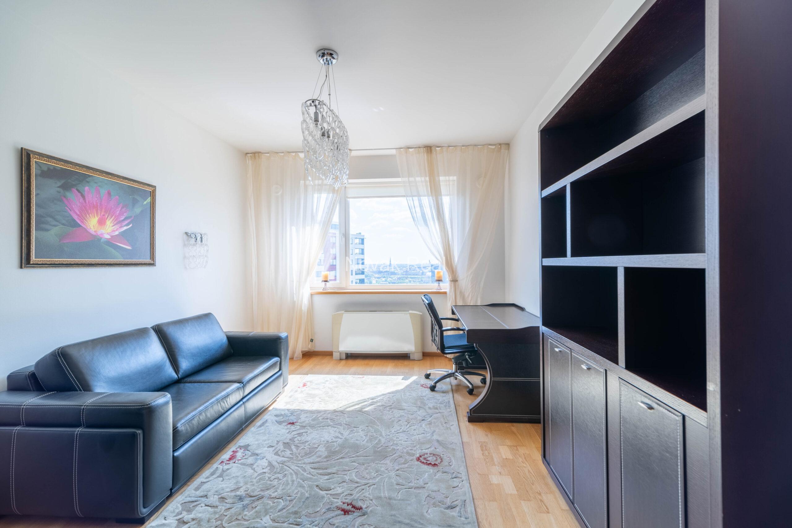A 3-room apartment with excellent views of the city is for rent on the 21st floor of the “Skanstes Virsotnes” project
