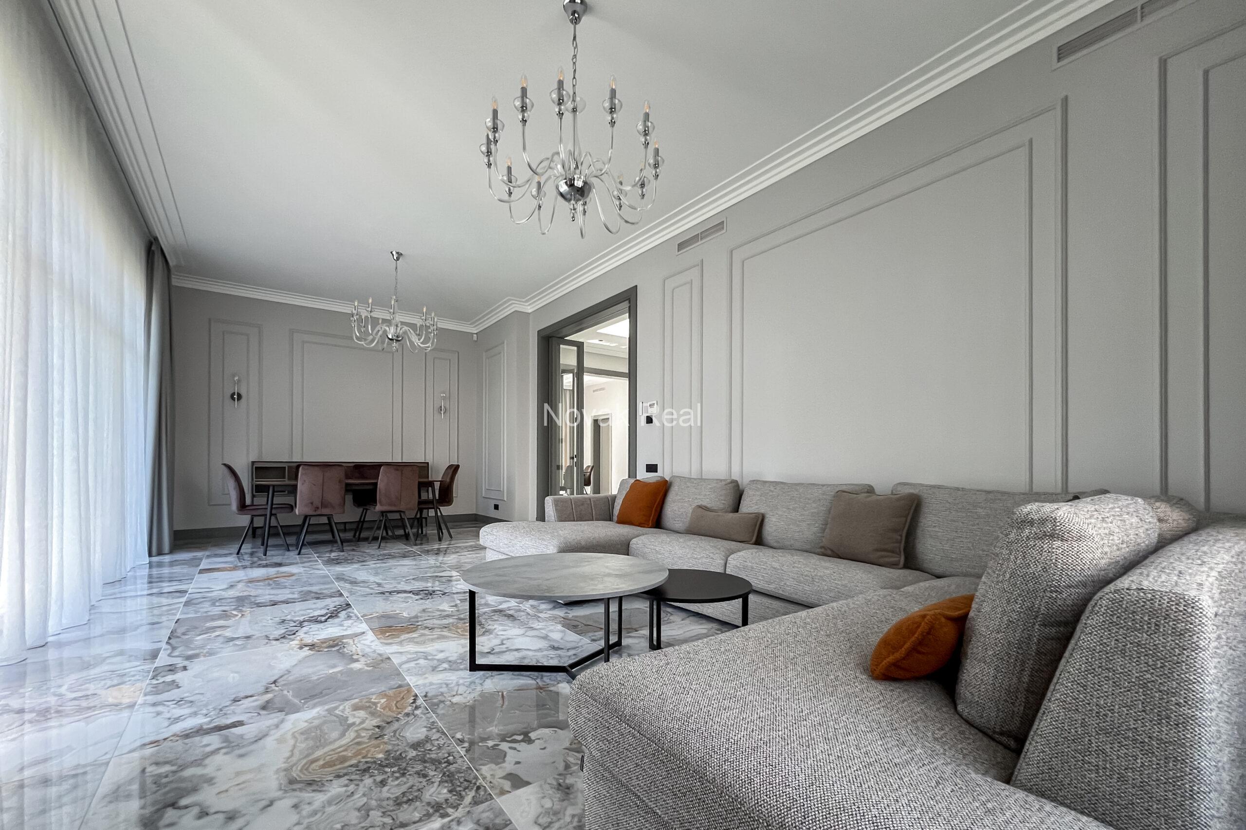 A new five-bedroom house is available for long-term rent in a quiet part of Jūrmala, close to the sea