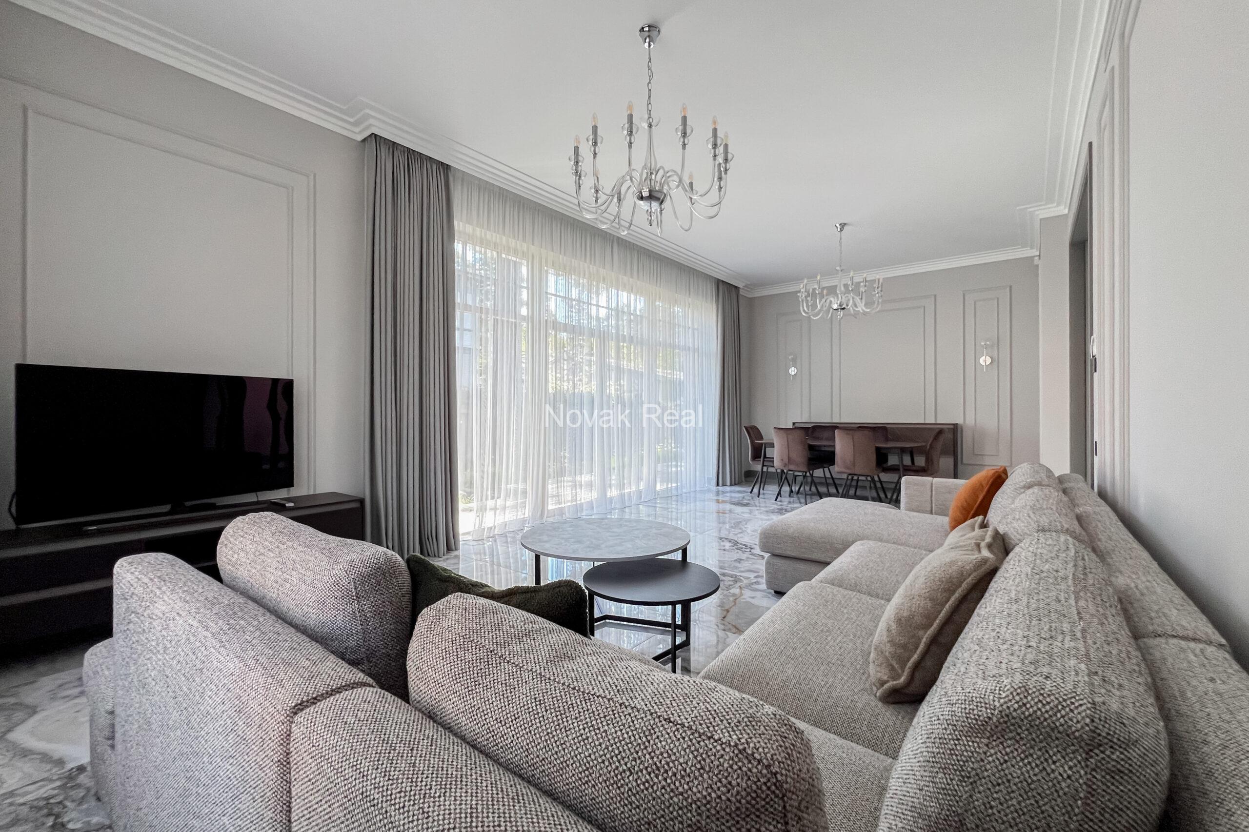 A new five-bedroom house is available for long-term rent in a quiet part of Jūrmala, close to the sea